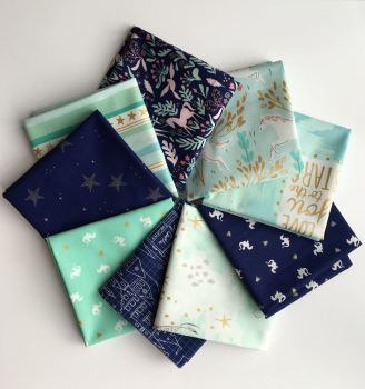 Magic! - 9 Fat Quarter bundle of Aqua & Navy prints with gold metallic